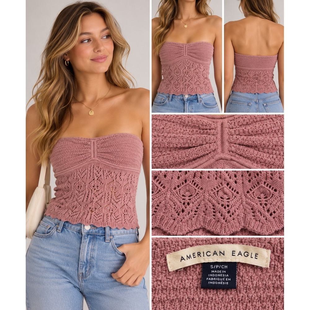 American Eagle Crochet Knit Tube Top Brown Strapless Boho Y2K Festival